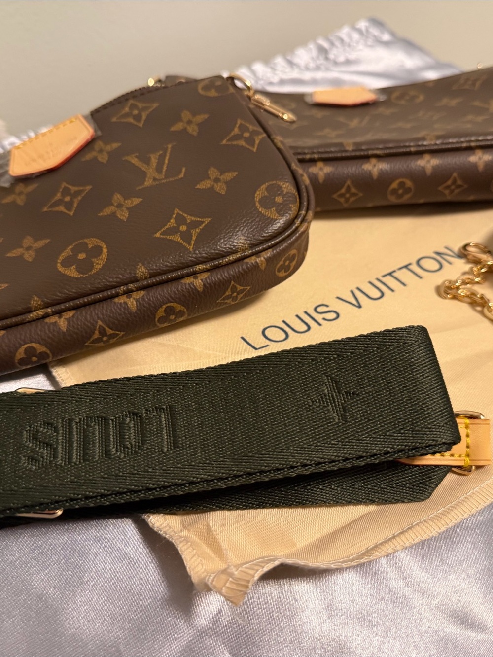 Louis Vuitton Monogram Canvas Double Pouch with Olive Green Strap